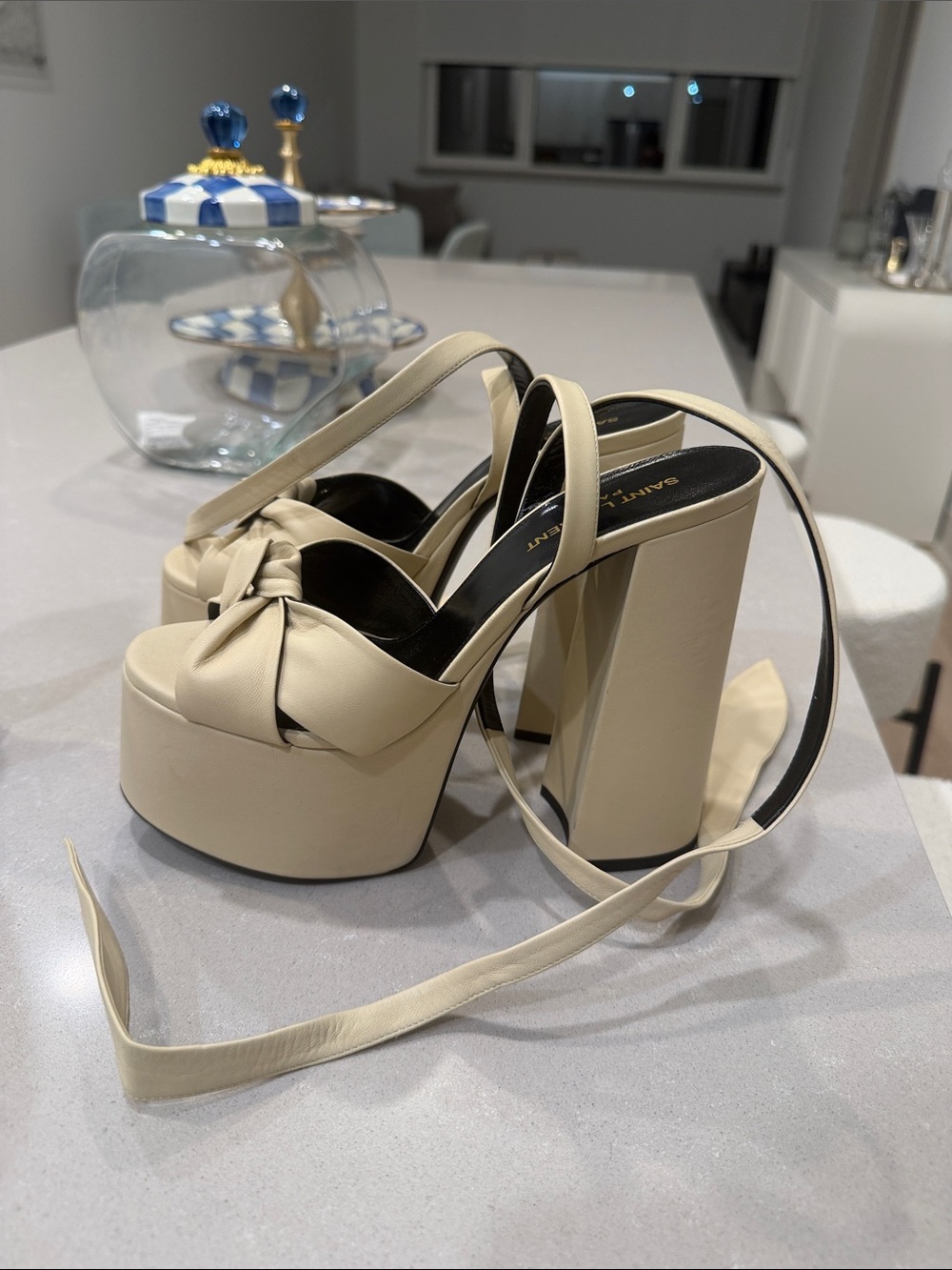 Saint Laurent Cream Platform Block Heel Sandals with Tie Straps